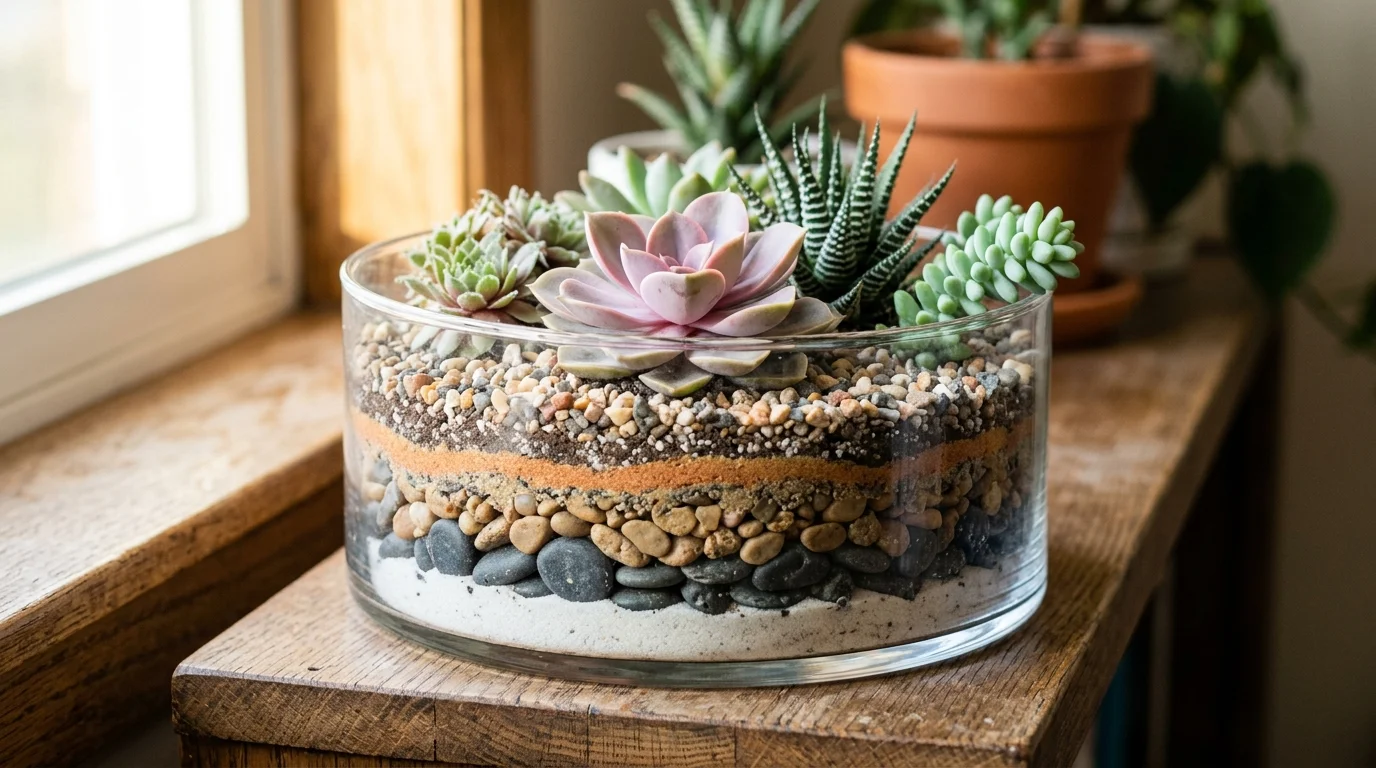 A succulent planter styled with pebbles and sand for a polished finish.