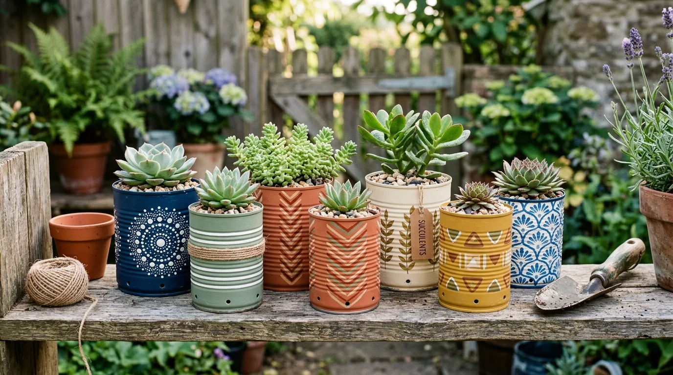 Repurposed tin can succulent planters arranged as a budget-friendly display.