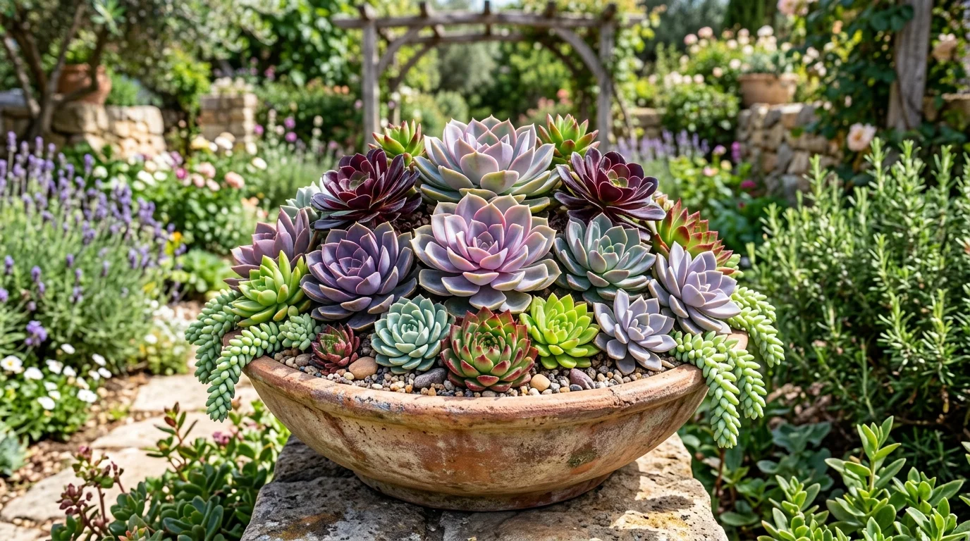 A large outdoor succulent bowl arrangement styled as a statement planter.
