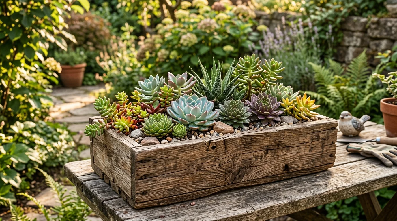 A rustic wooden box succulent garden with layered textures and soft tones.