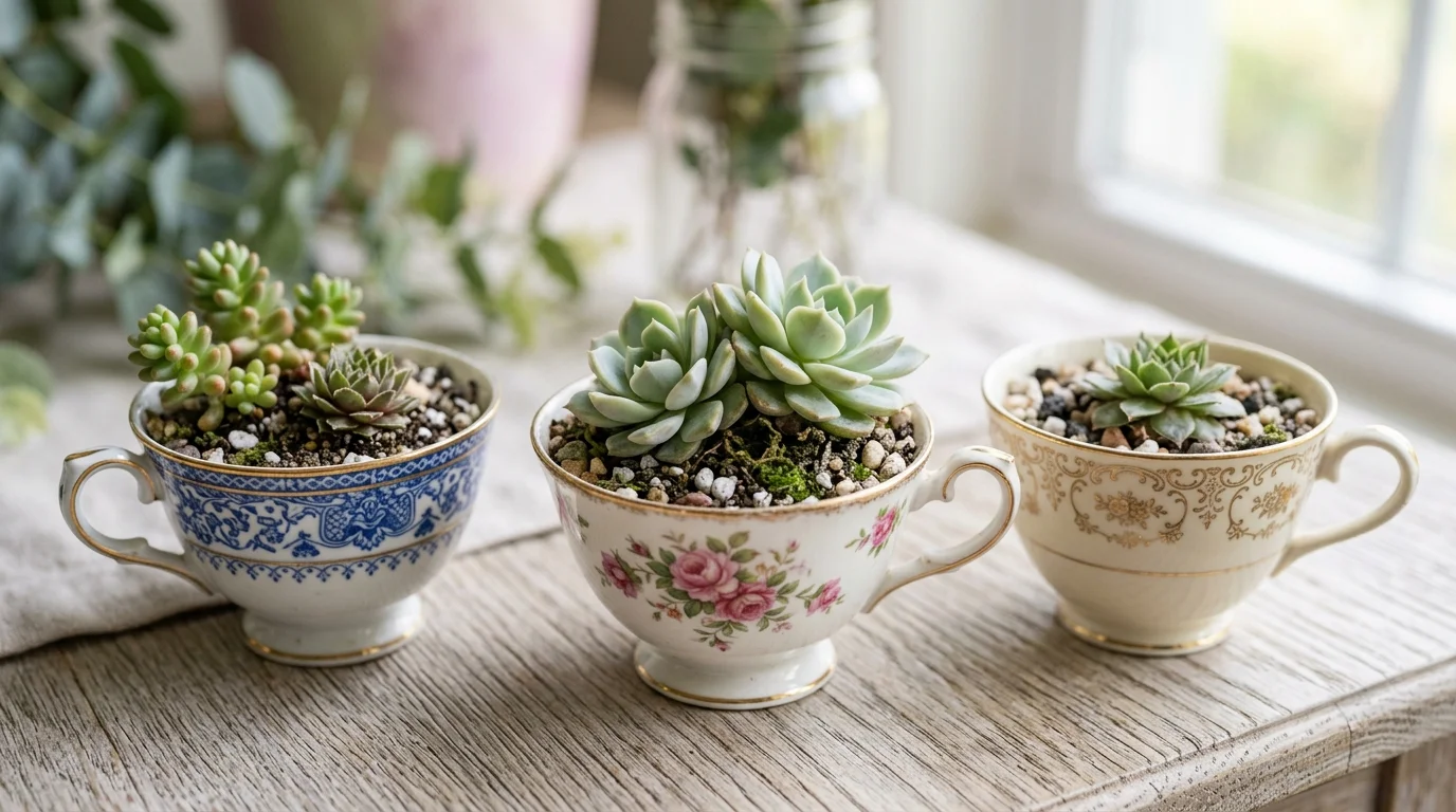 Mini succulents planted in teacups for a small decorative display.