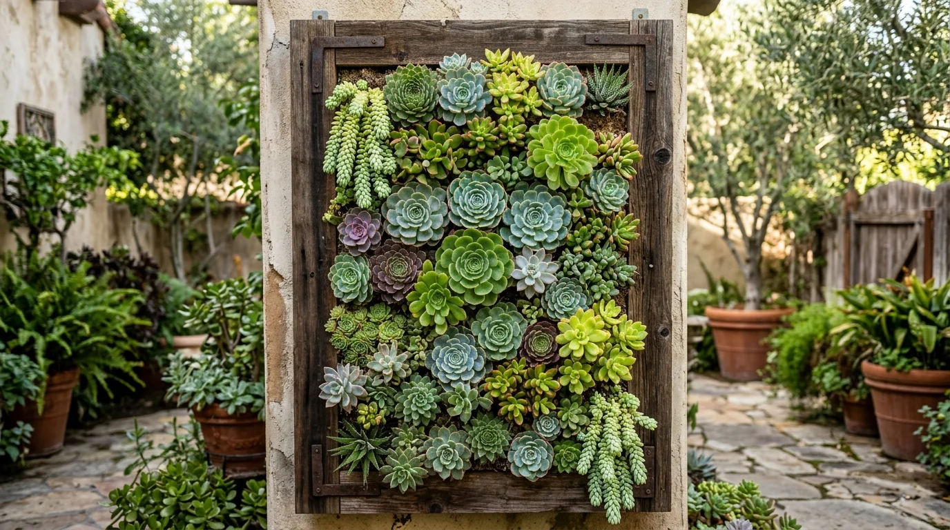 A vertical succulent wall garden creating a bold living display.