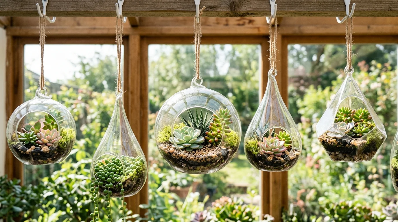 Hanging glass terrariums filled with succulents for an airy decorative look.