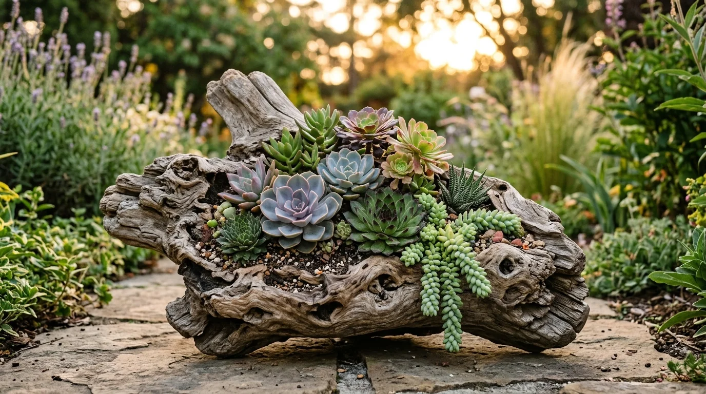 A driftwood succulent arrangement with natural texture and sculptural planting.