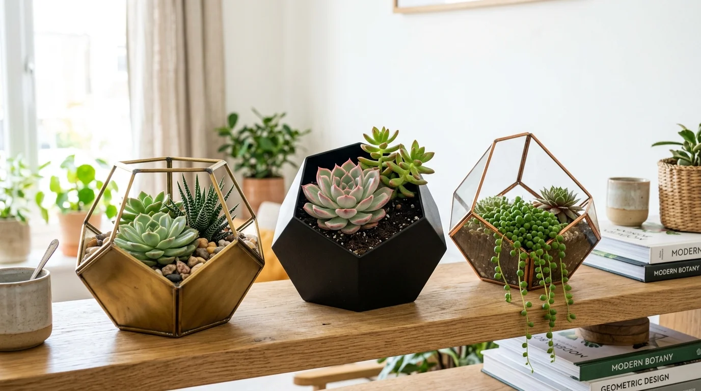 Succulents arranged in geometric planters for a clean contemporary look.