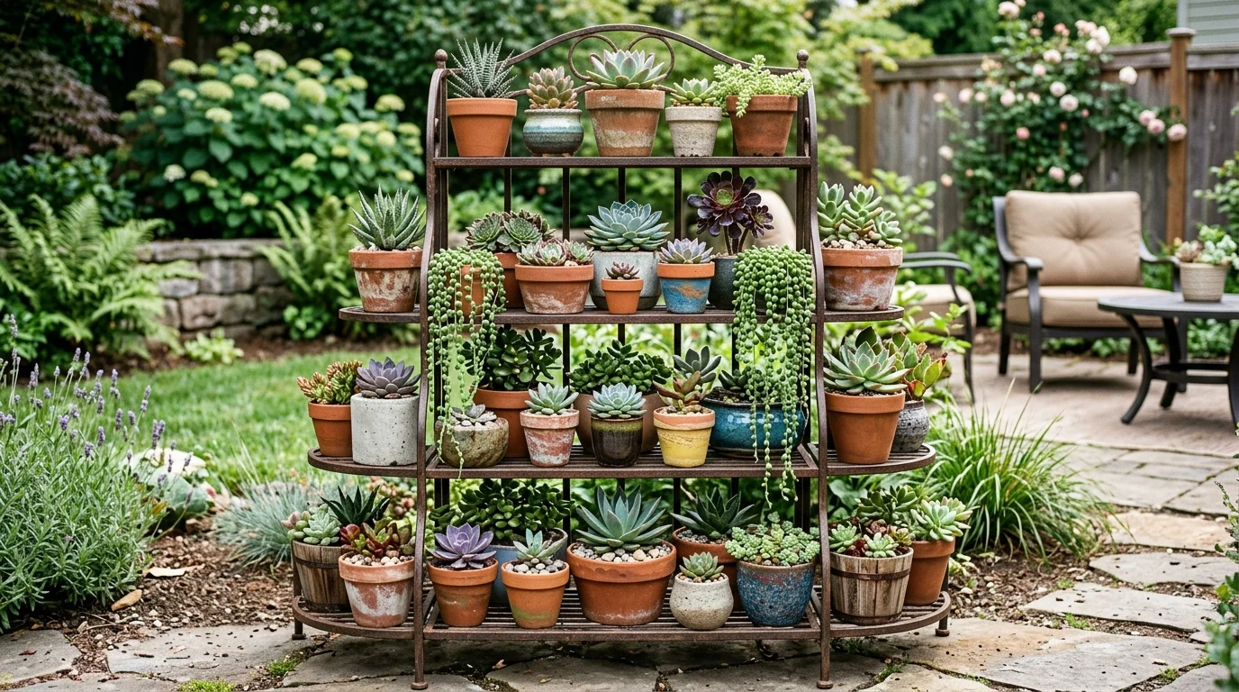 A tiered succulent garden display creating height and layered visual interest.