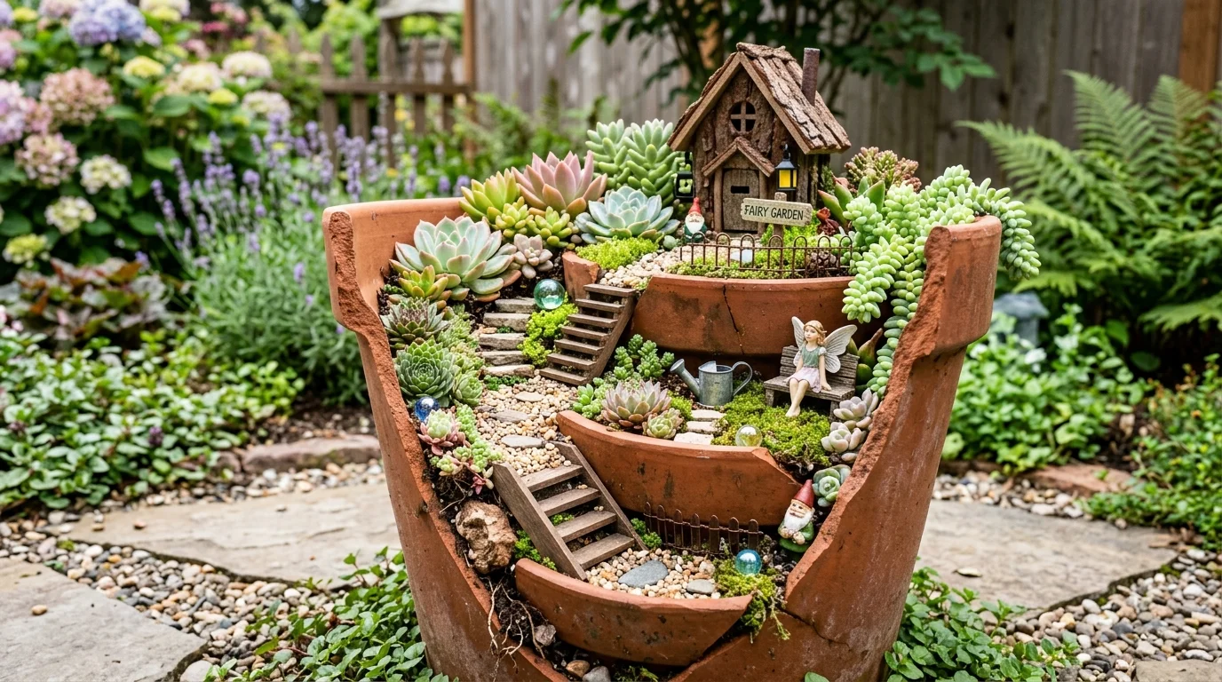 A broken pot fairy garden styled with miniature succulents and layered planting.