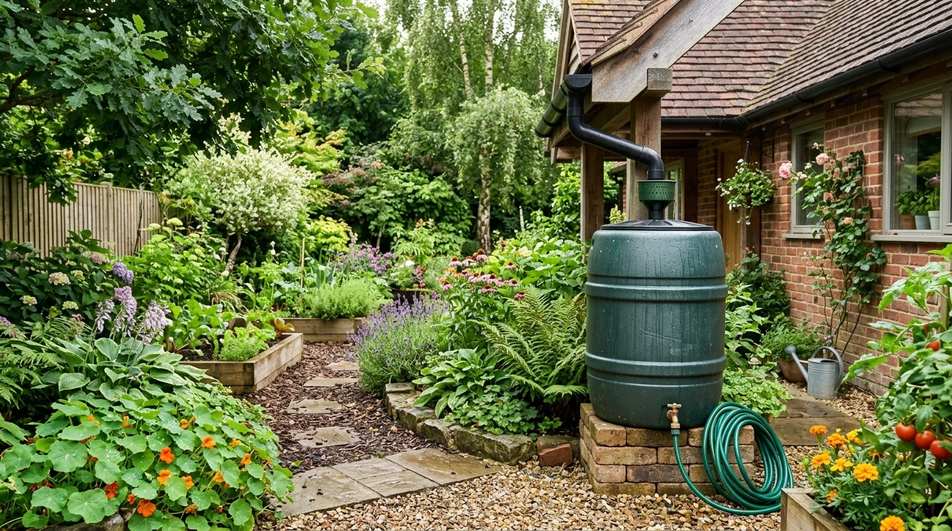 A sustainable garden featuring a rainwater harvesting setup and healthy planting.