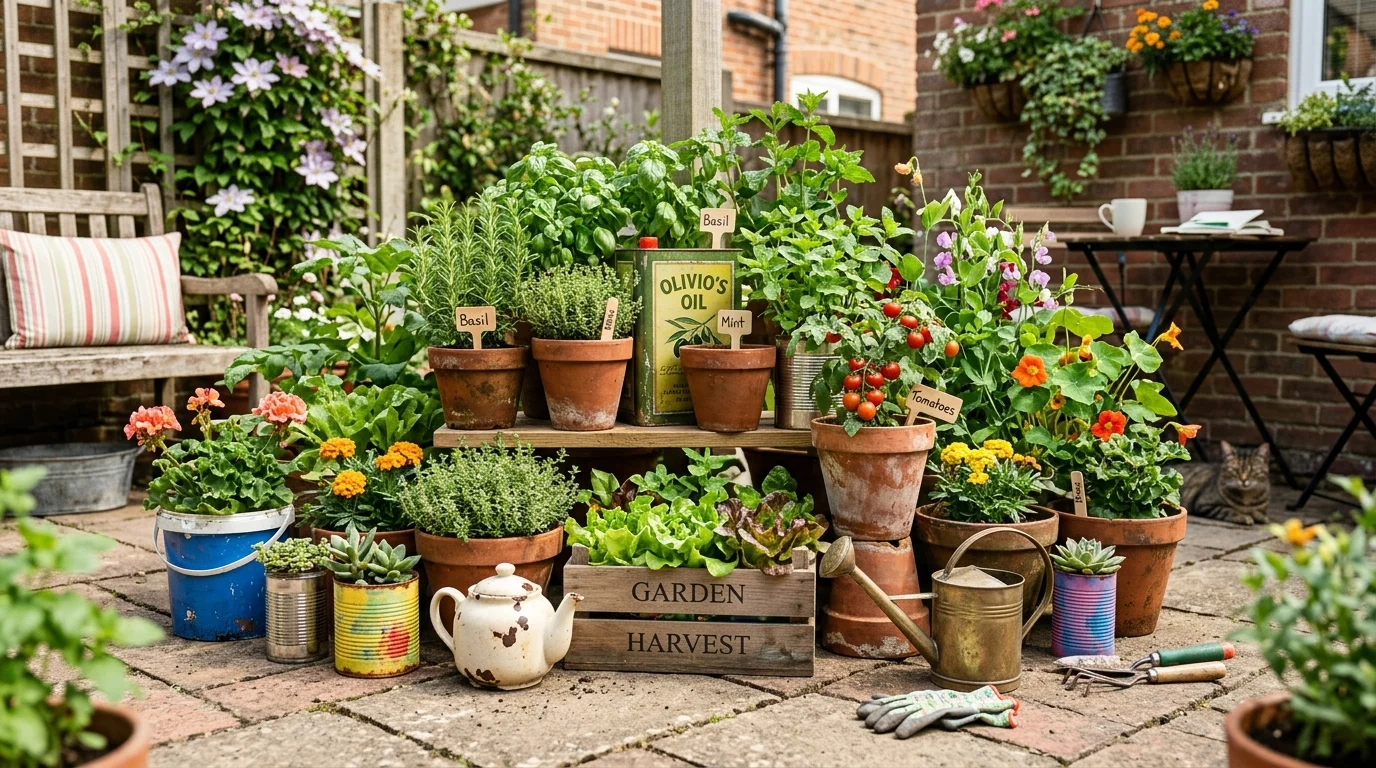 A container garden made with reused pots and planters.