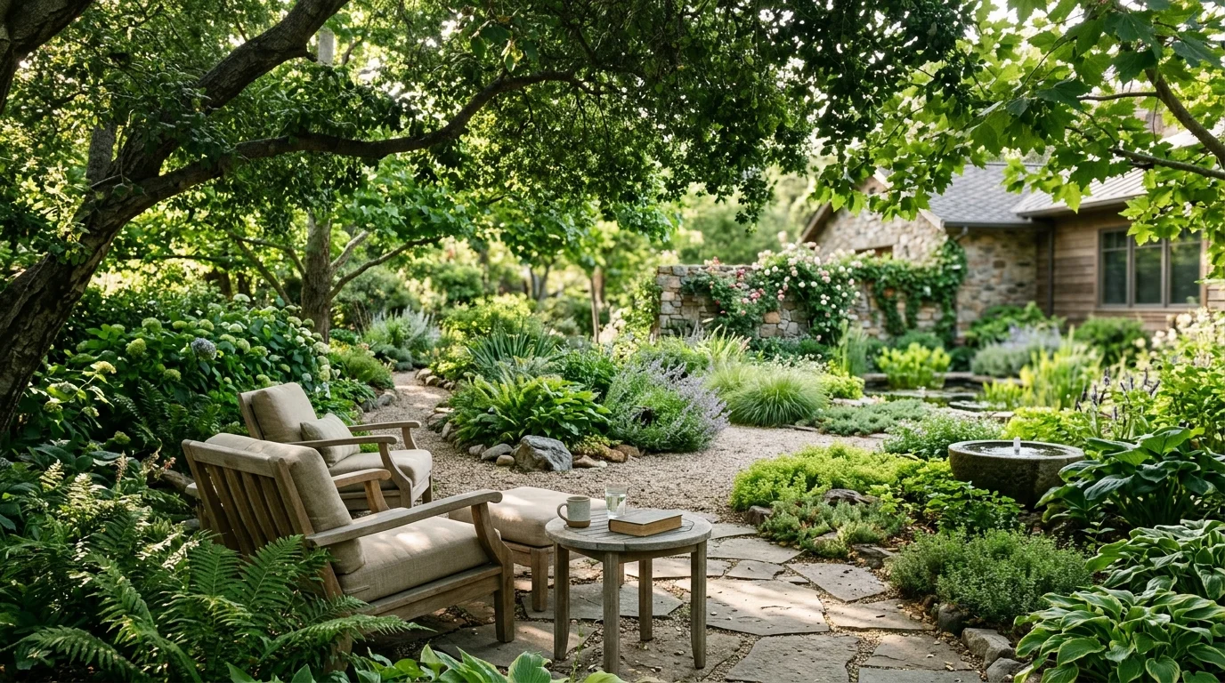 Shade trees creating a cooler sustainable garden.