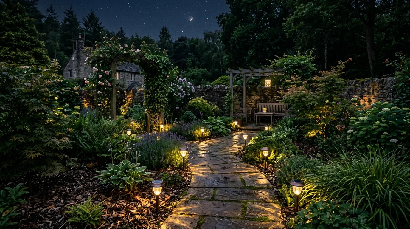 A solar-lit sustainable garden at night.