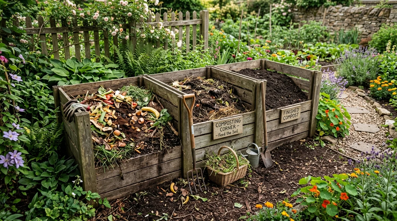 A tidy composting corner in a sustainable garden.