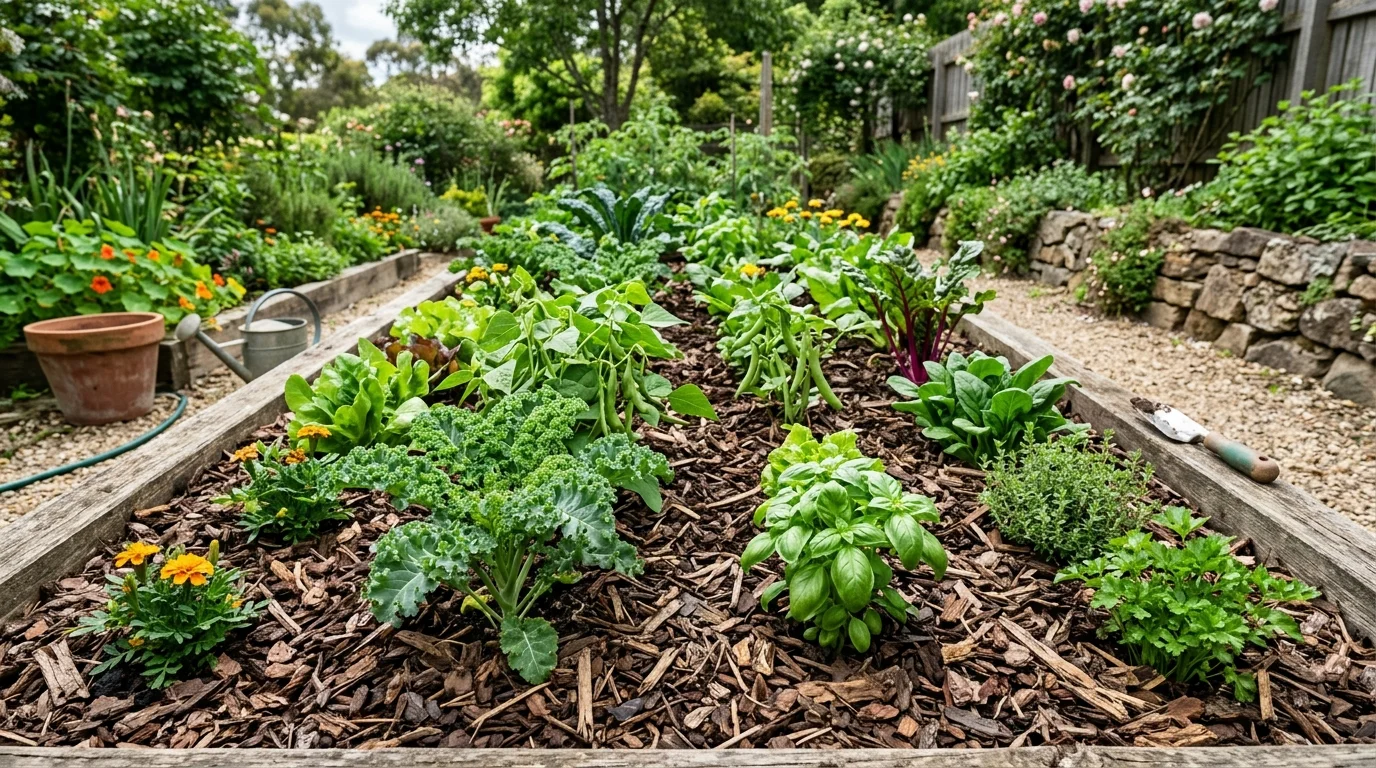 Mulched garden beds in a sustainable outdoor space.
