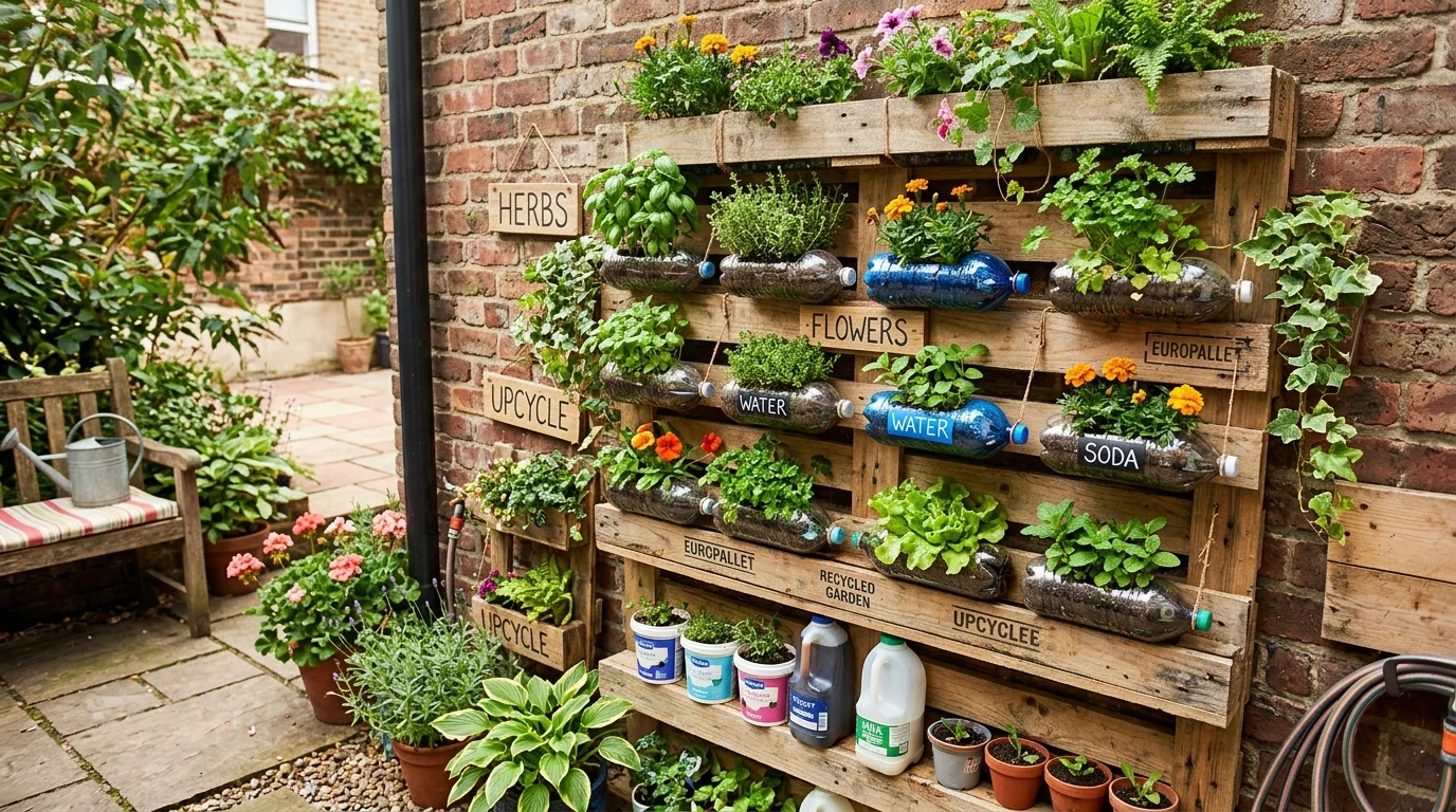 A vertical garden made from recycled materials.