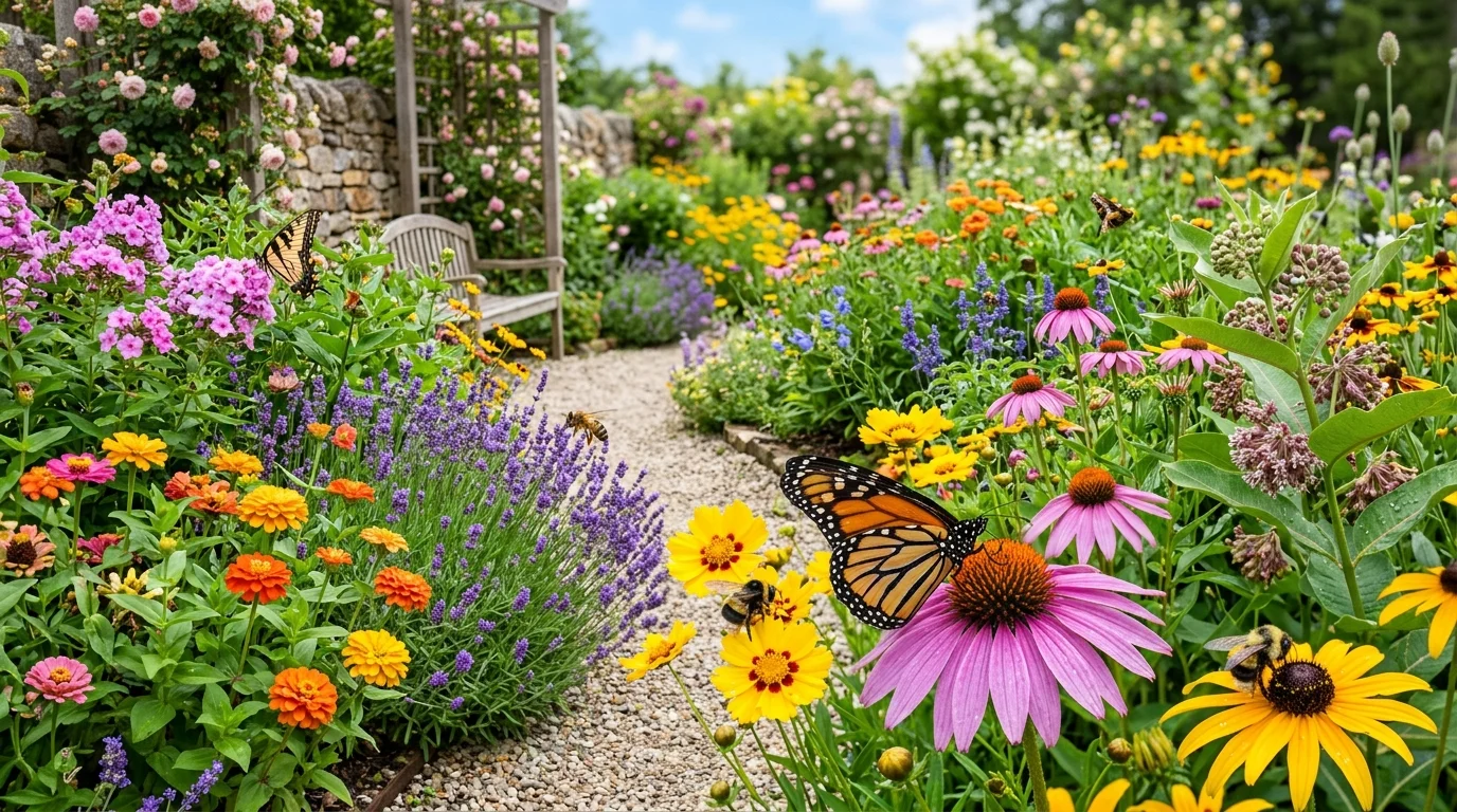 A pollinator-friendly sustainable garden filled with flowers.
