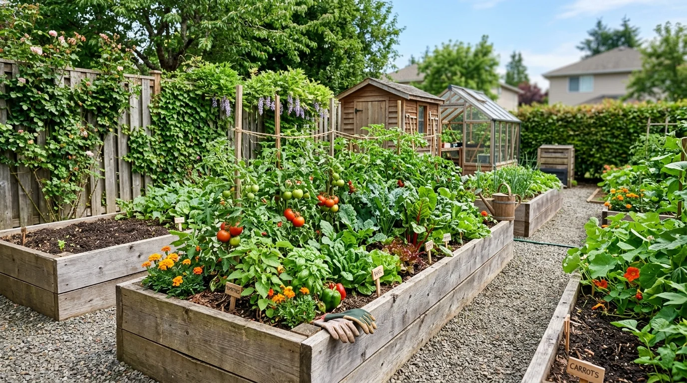Raised beds with organic soil in a sustainable garden.