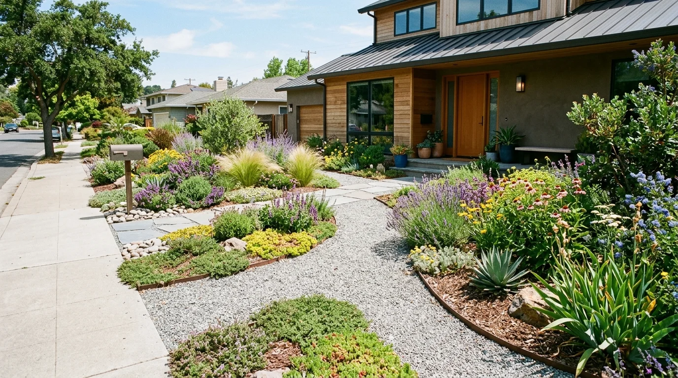 A sustainable no-lawn garden design with layered outdoor features.