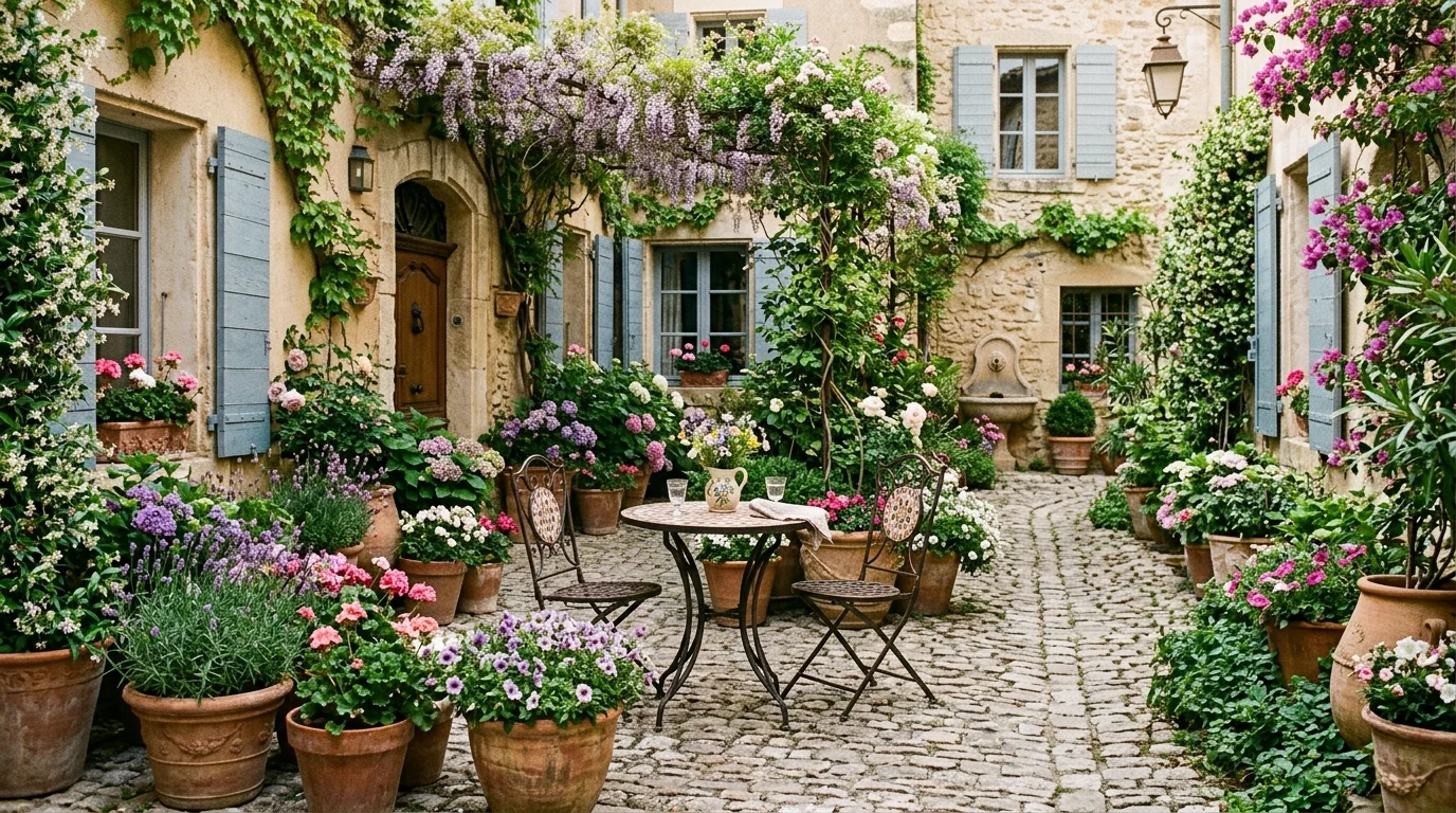 Tips for Creating a Charming French Courtyard Garden inspiration image.