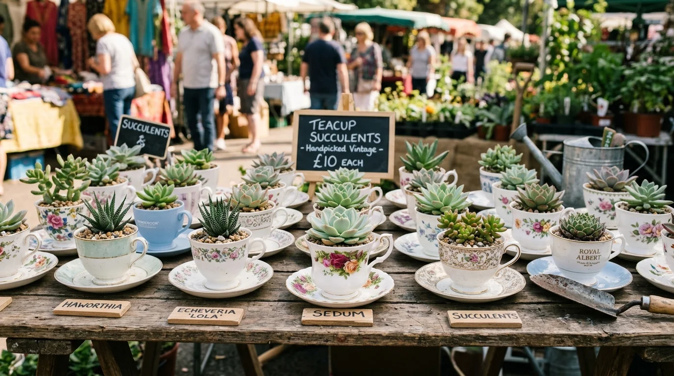 Vintage teacup planters styled as a charming garden display.