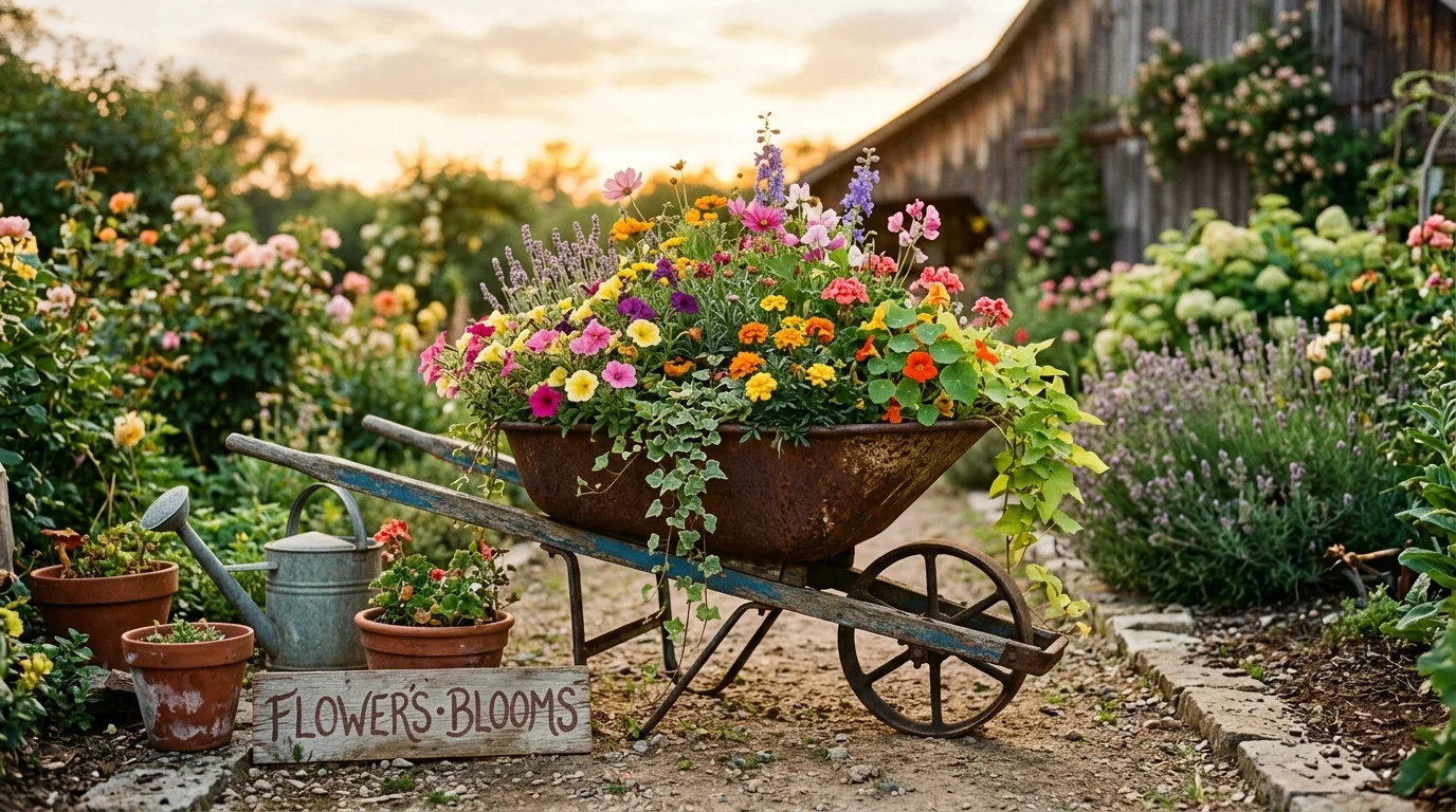 A wheelbarrow flower bed filled with blooms.
