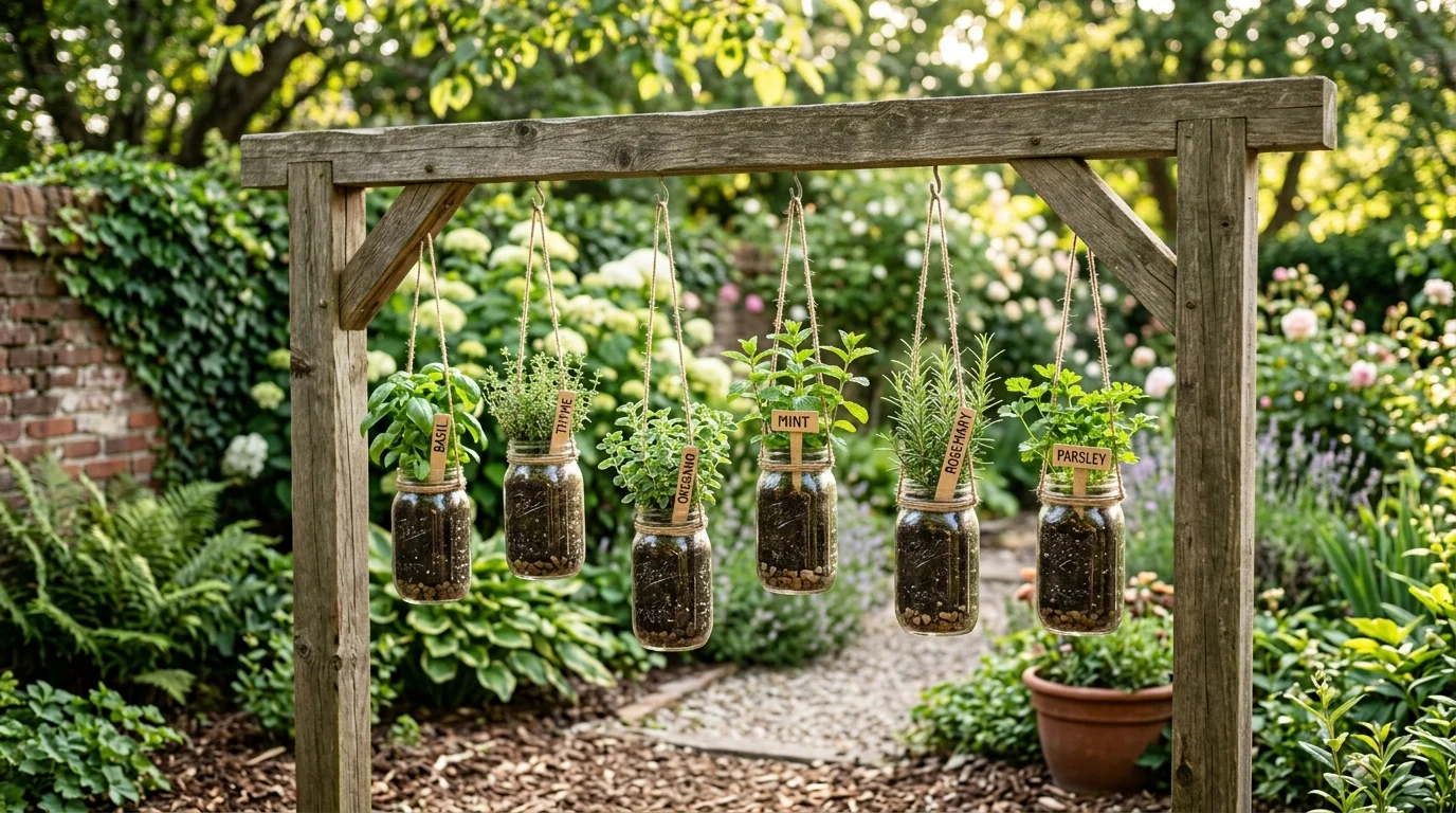 Mason jar hanging garden with small plants.