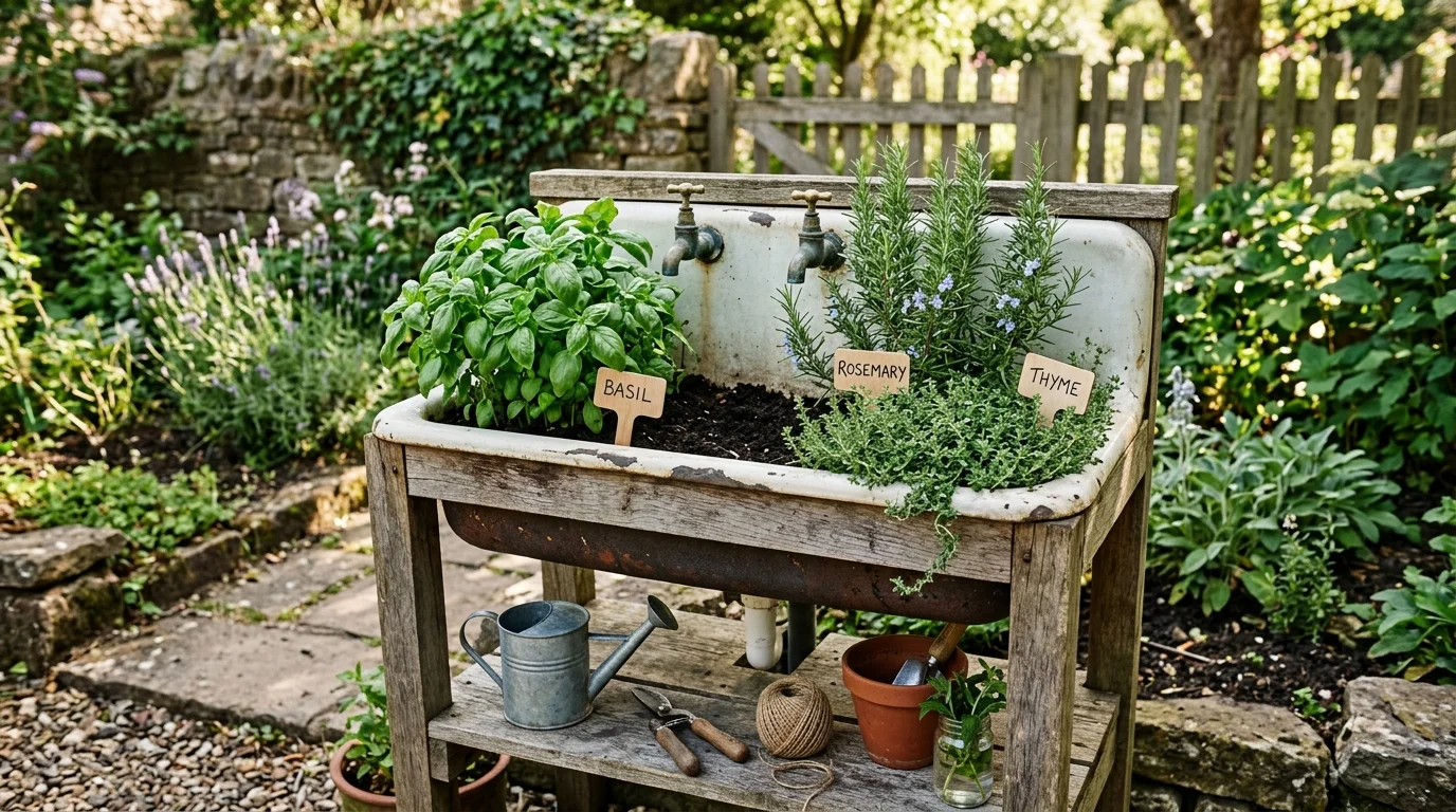 An old sink repurposed as an herb station.