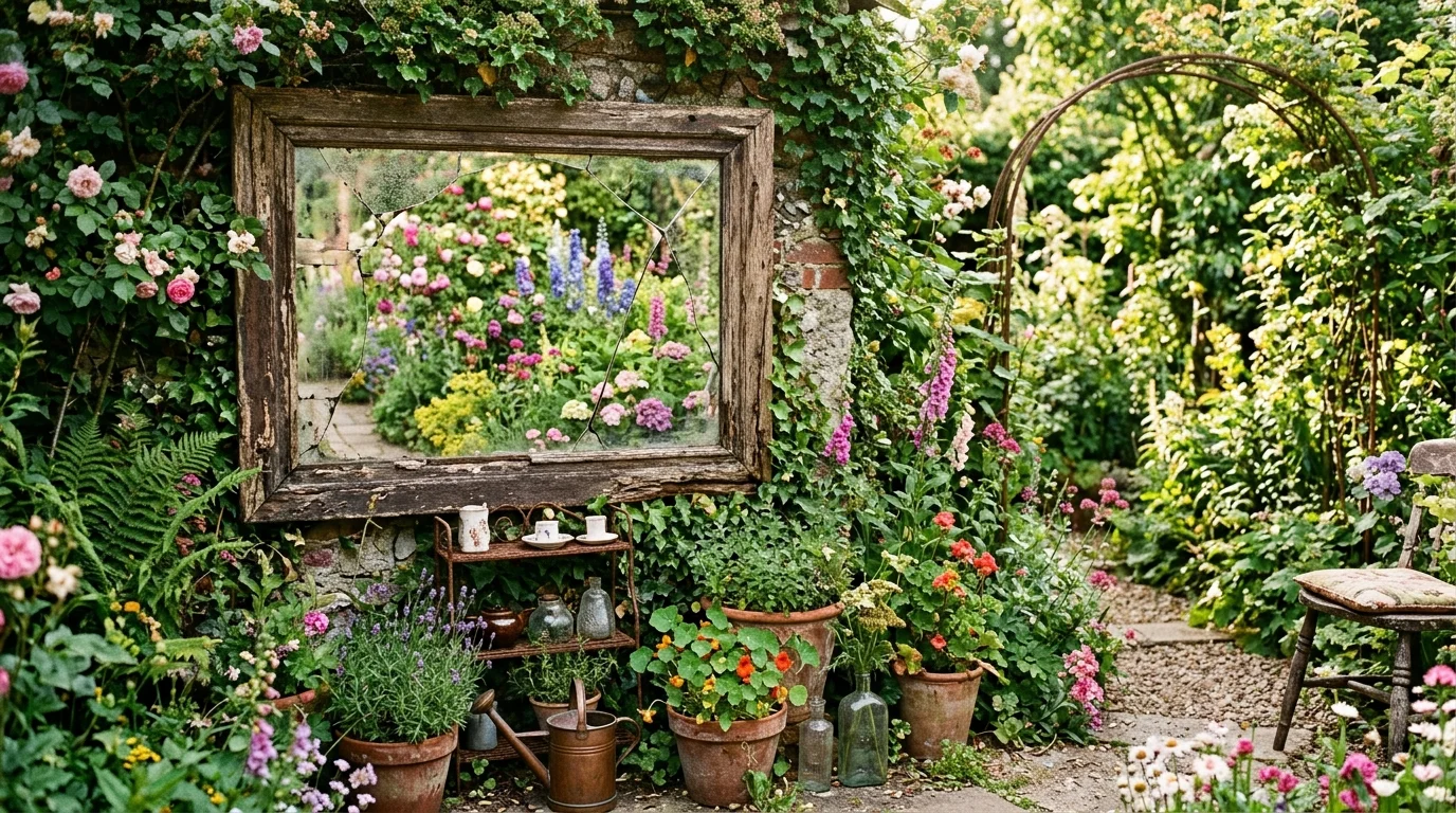 Broken mirror garden art reflecting greenery.