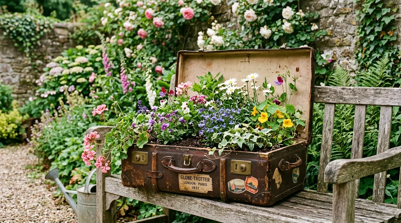 A suitcase planter garden with layered planting.