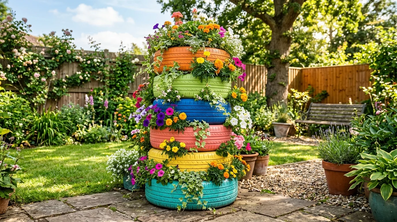 A tire flower tower built from stacked planters.
