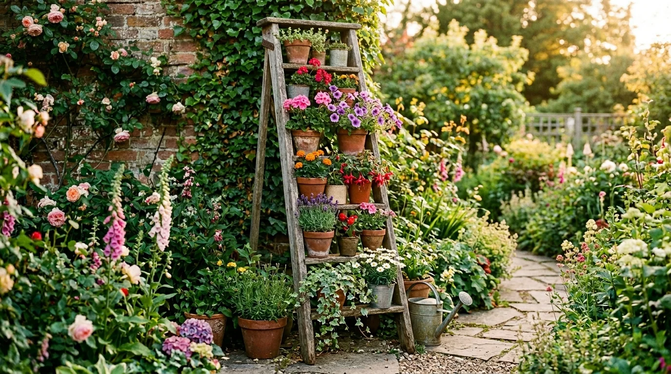 An old ladder used as a vertical plant stand.