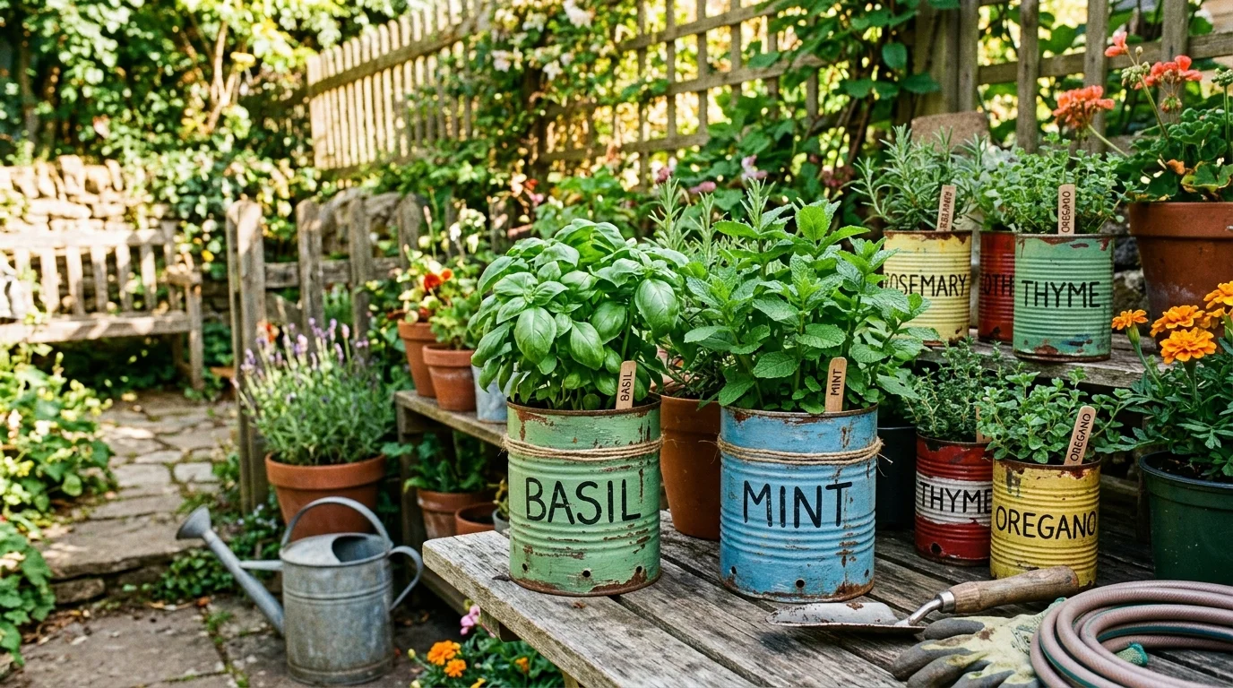 A tin can herb garden arranged on a small shelf.
