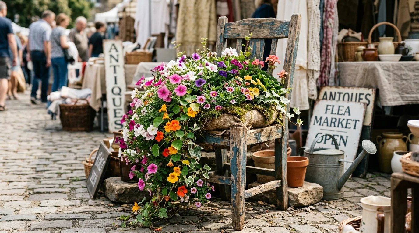 A broken chair repurposed as a flower display.