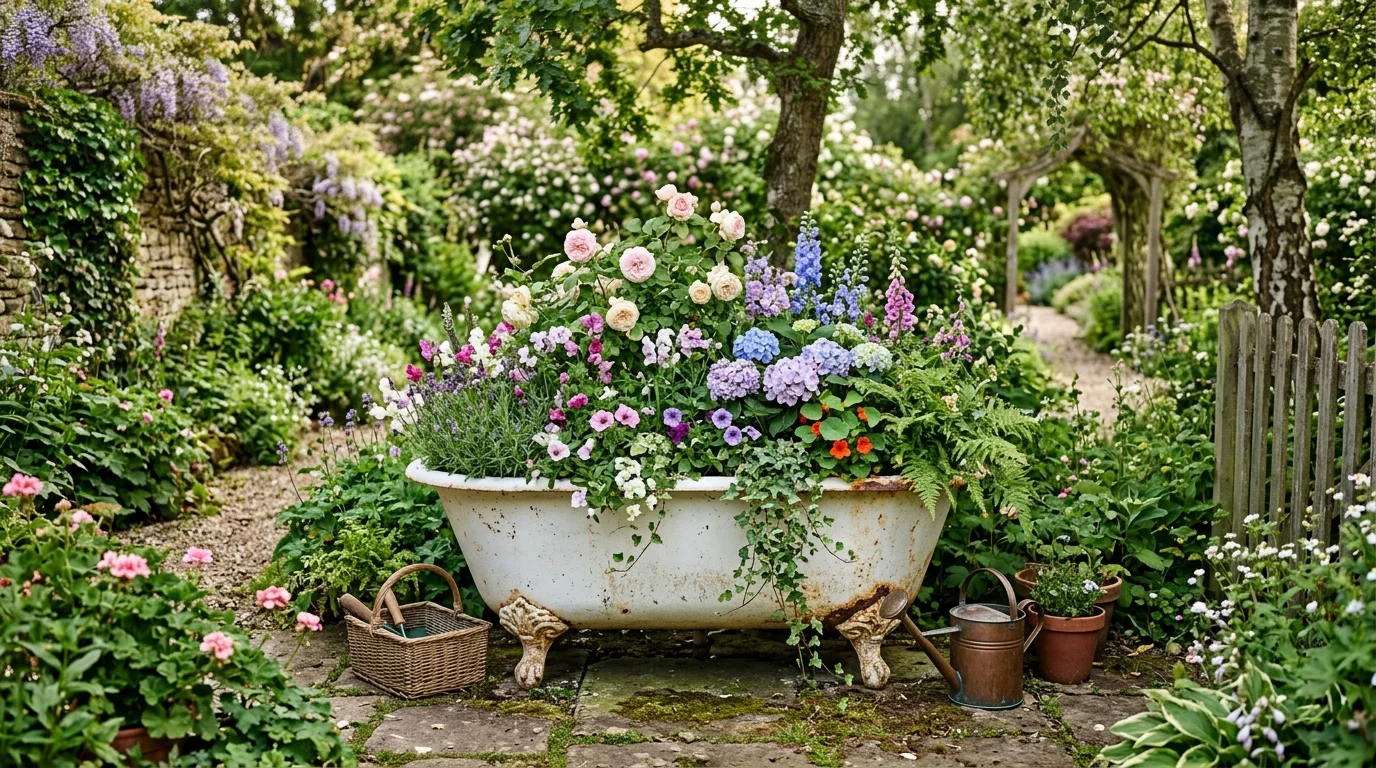 A vintage bathtub repurposed as a garden bed.