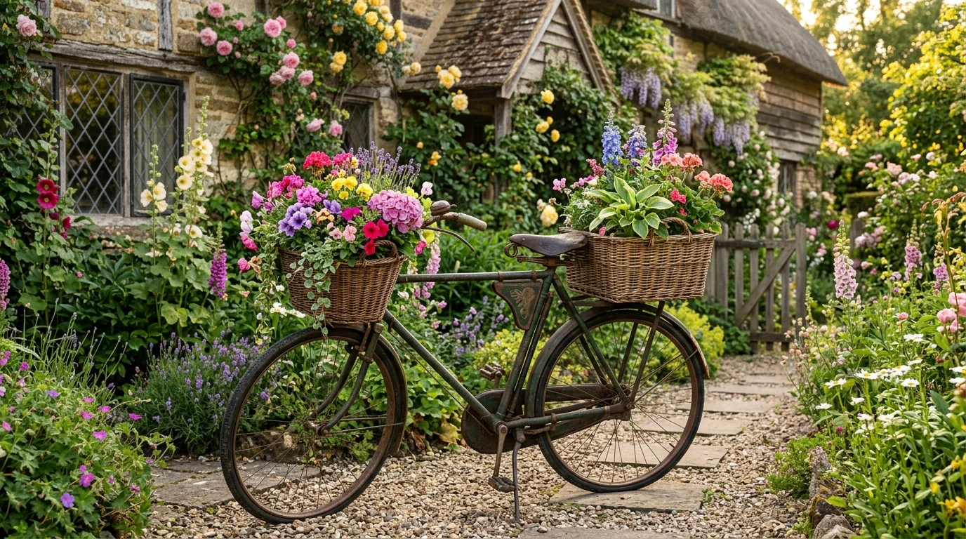 An old bicycle used as a planter display.