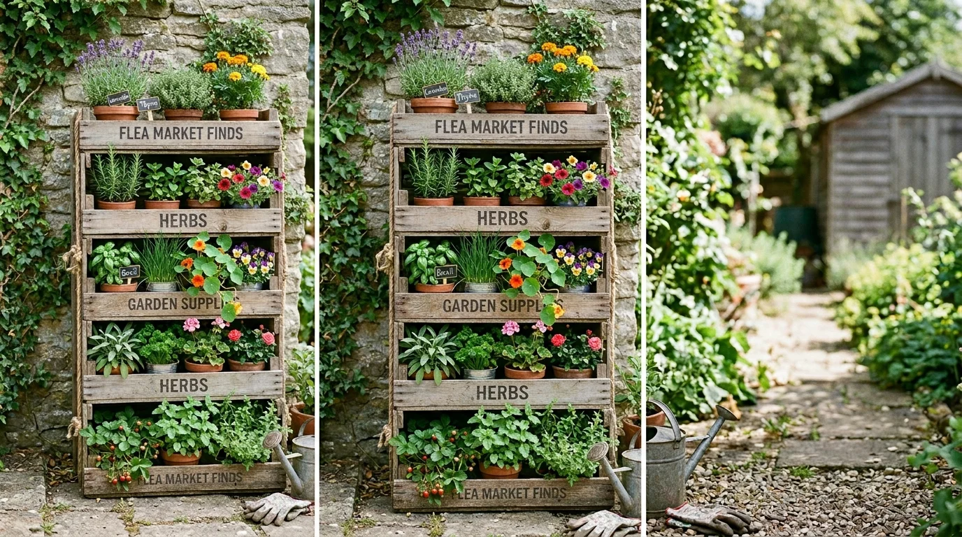 A wooden crate vertical garden with layered planting.