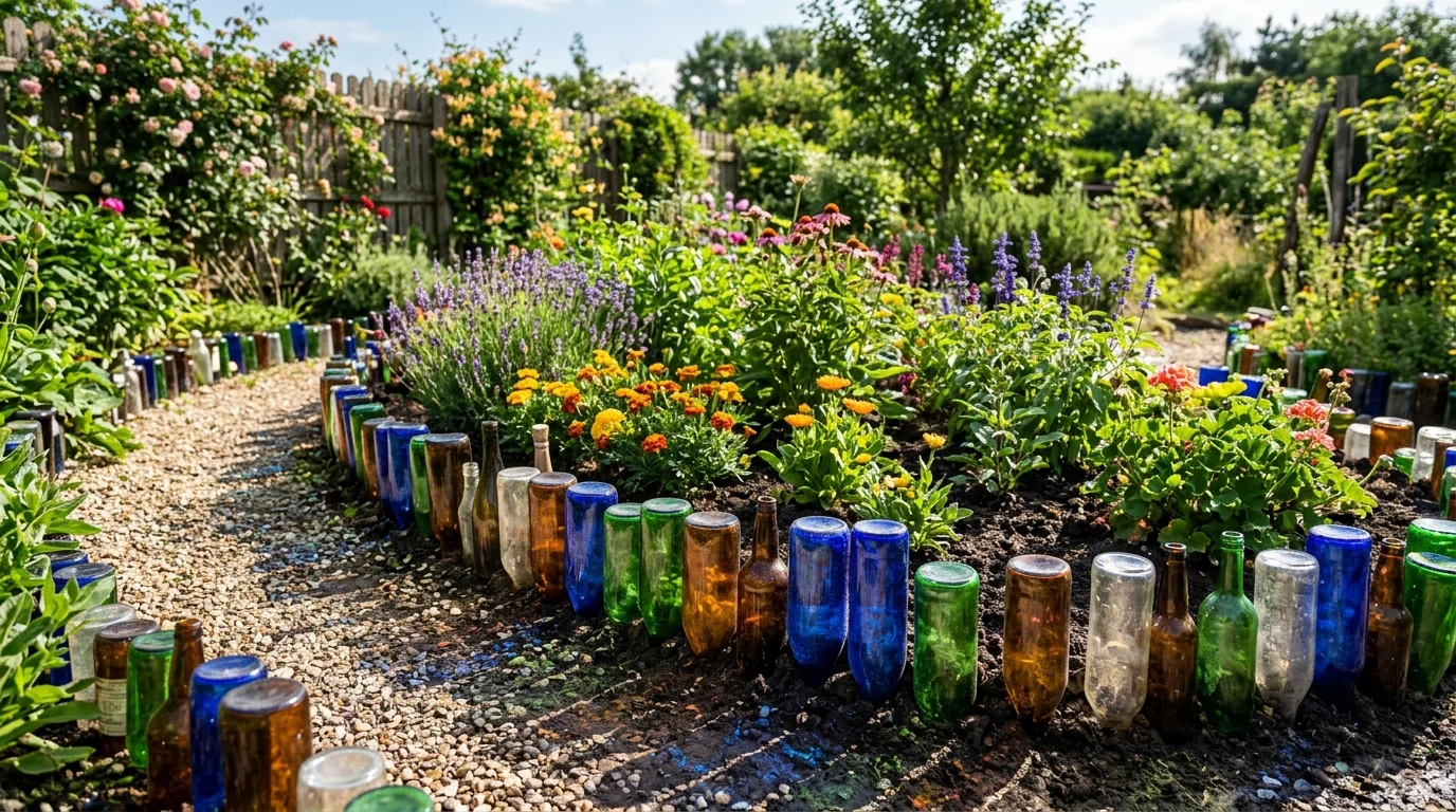 A glass bottle border garden lining a planting bed.