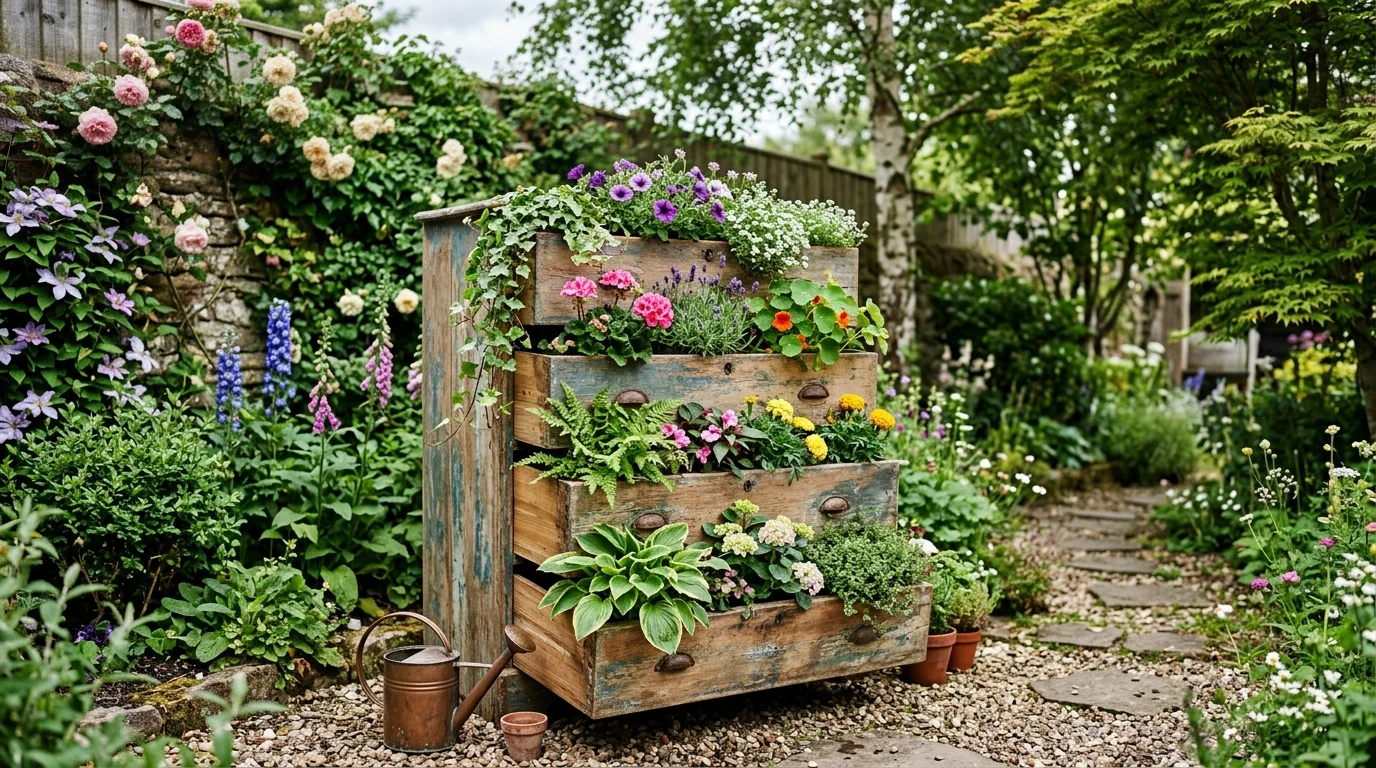 Old drawers repurposed as garden planters.