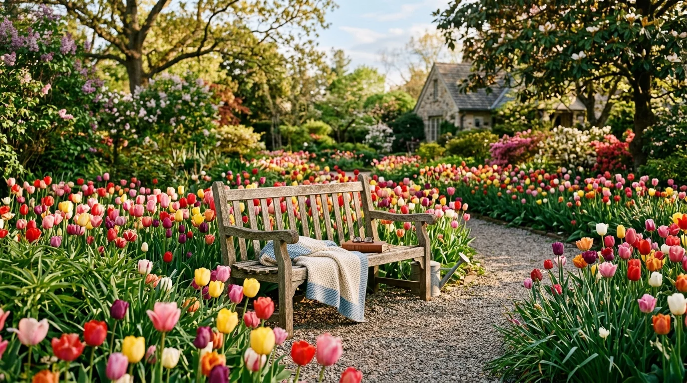 Tulips With Garden Bench image.