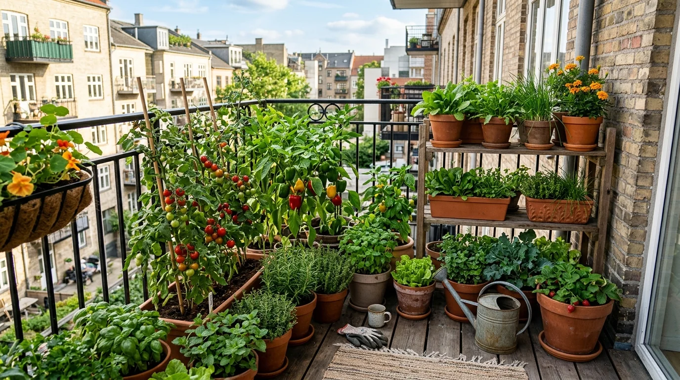 A balcony vegetable container garden arranged for small-space growing.