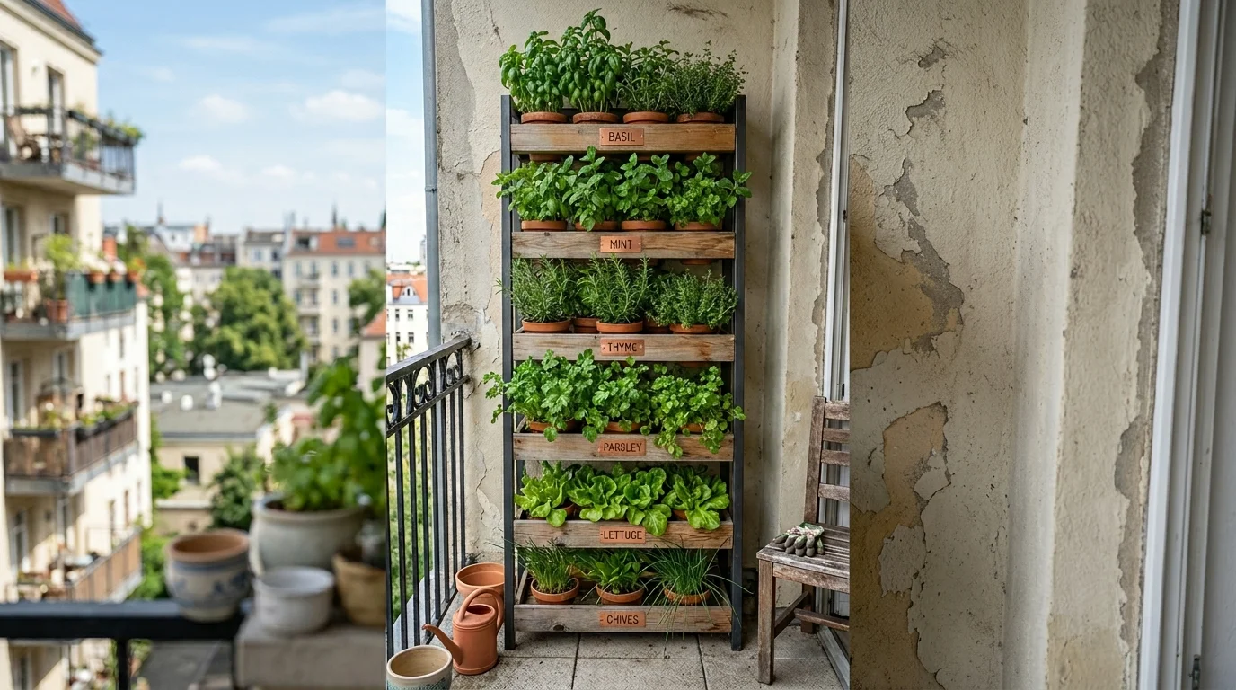 A small space herb tower used for compact edible container gardening.