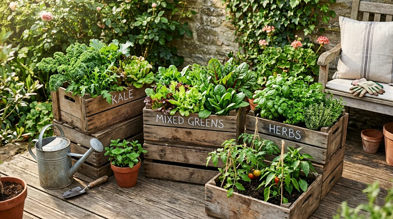 A recycled crate container garden creating a flexible edible layout.