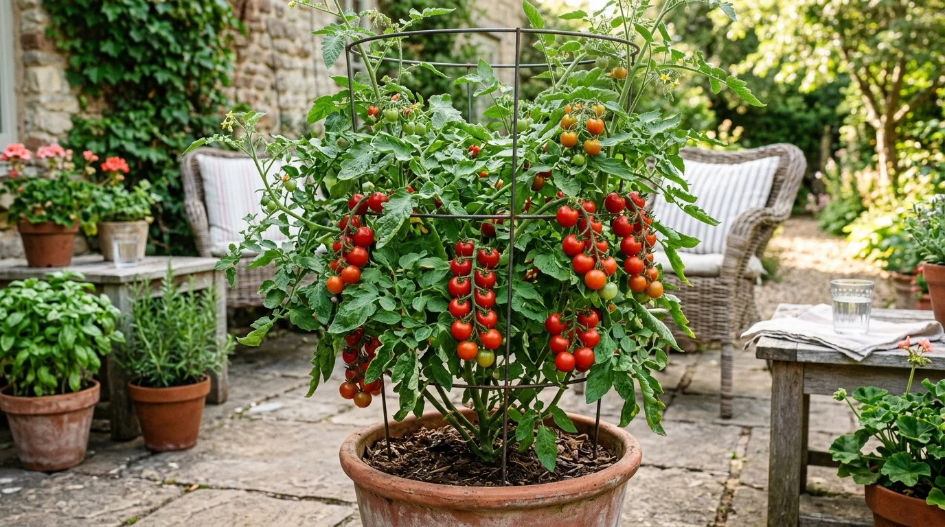 A tomato cage in a container helping a compact vegetable garden stay organized.
