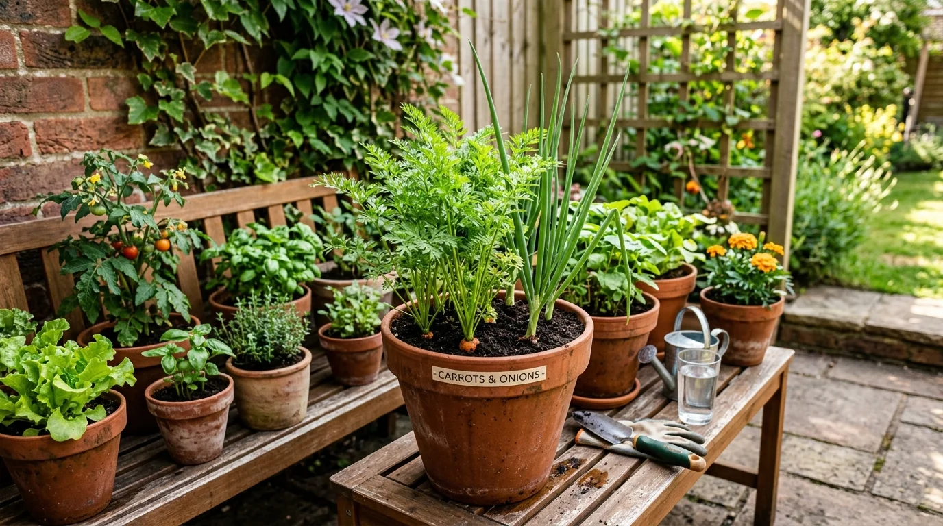 Compact companion planting containers arranged for efficient small-space growing.