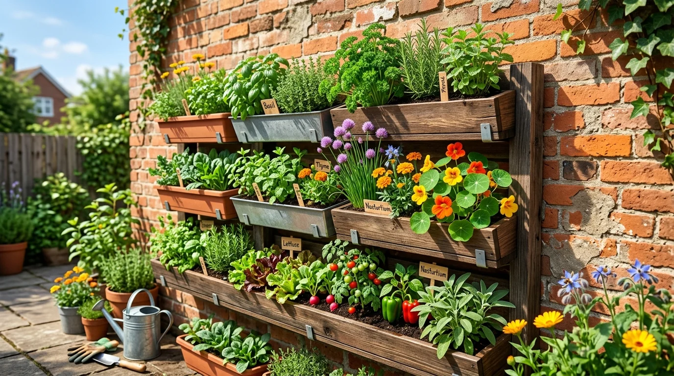 A hanging herb and vegetable wall used for stylish small-space container gardening.