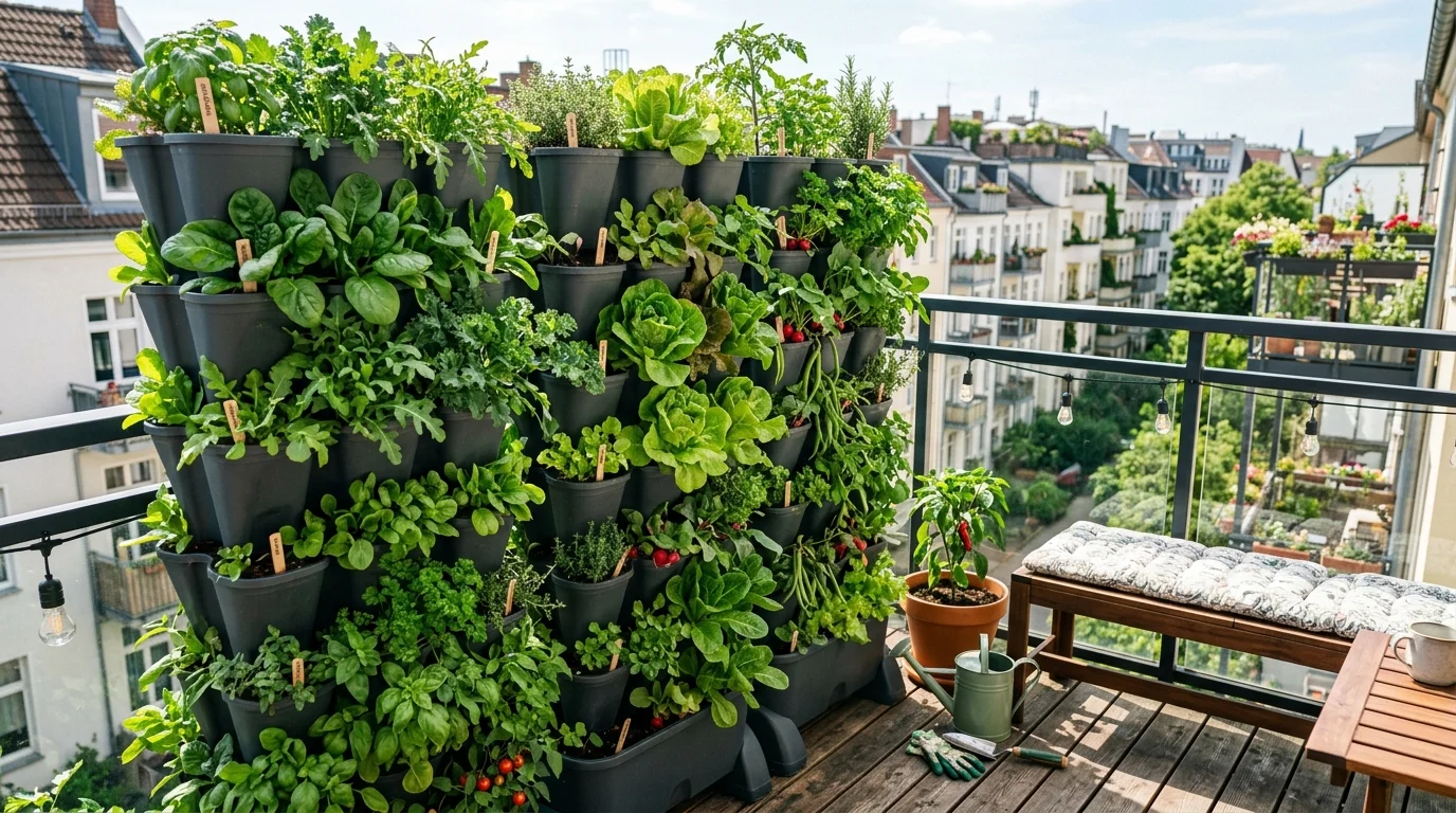 Vertical stackable planters used for a productive small-space vegetable garden.