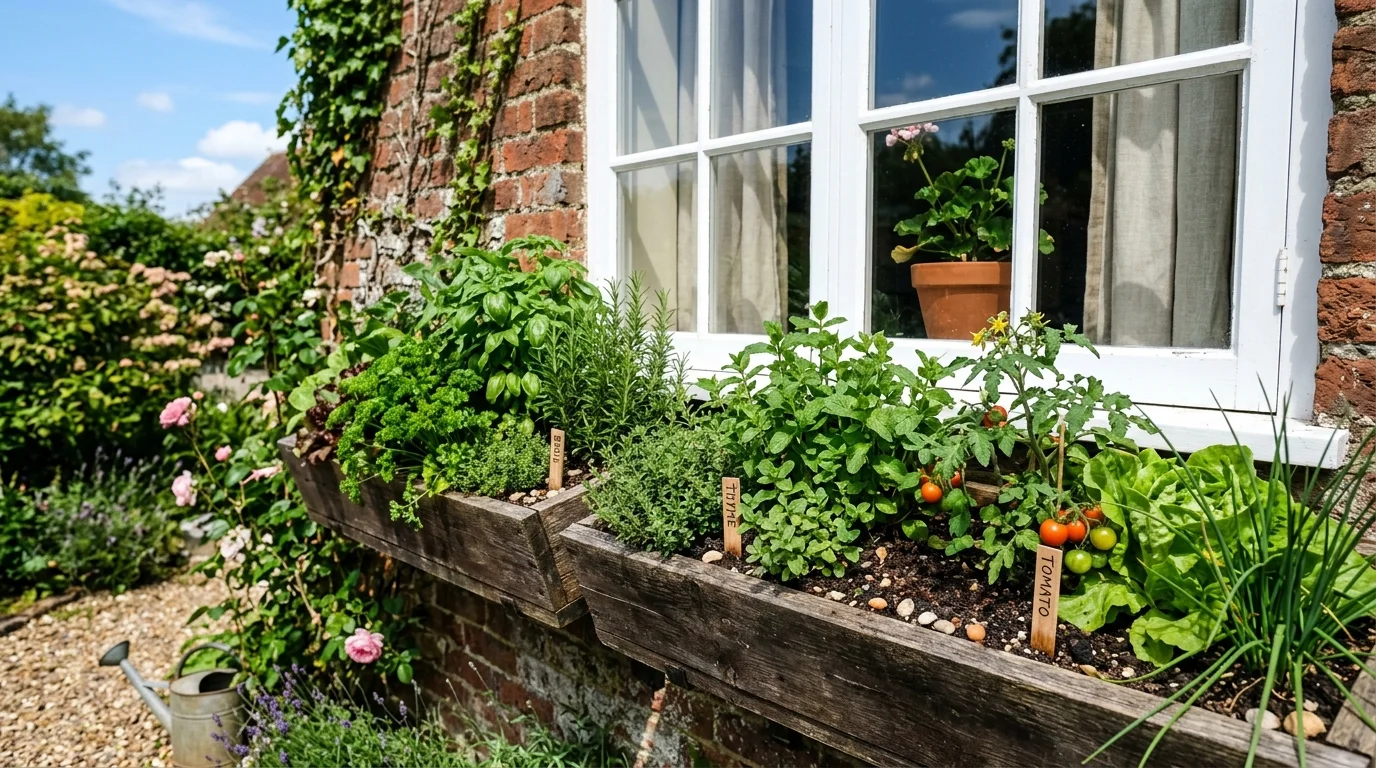 A window box vegetable garden growing edible crops in a compact setup.