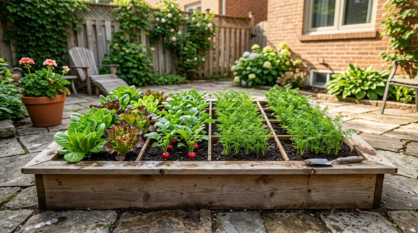 A raised container bed creating a neat and productive vegetable garden layout.