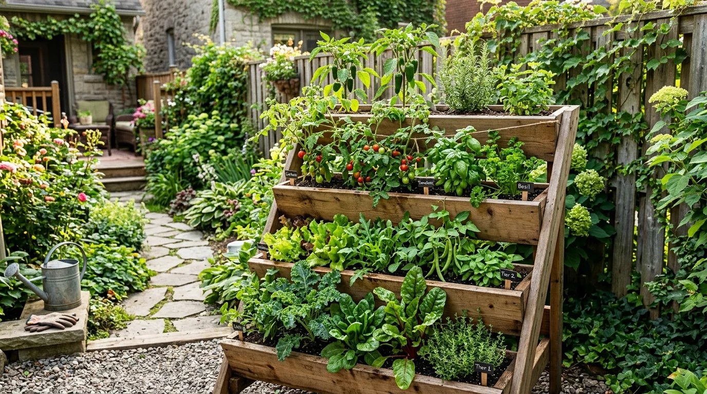 A tiered wooden planter system used for container vegetable gardening in a small space.