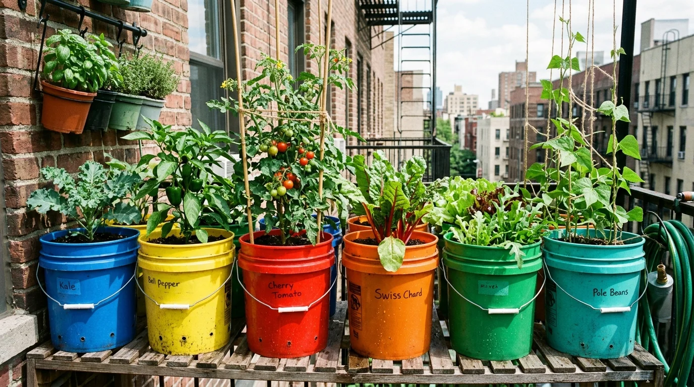 A repurposed bucket vegetable garden showing a budget-friendly container setup.