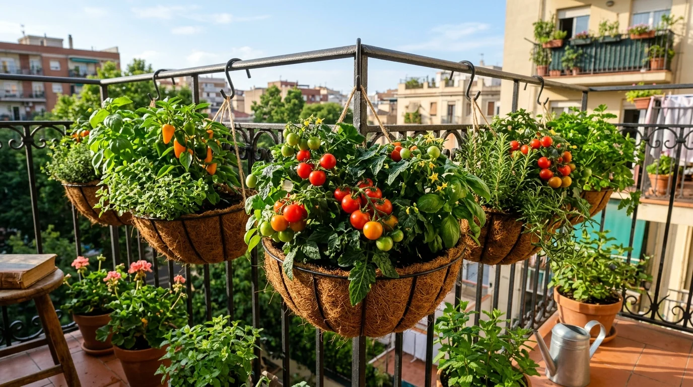 A hanging container garden adding edible planting without using floor space.